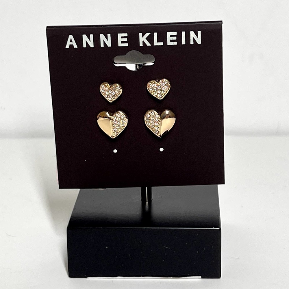 Anne Klein Timeless Elegant Gold Crystal Heart Stud Earrings Pave Duo Set Gift - Picture 5 of 8